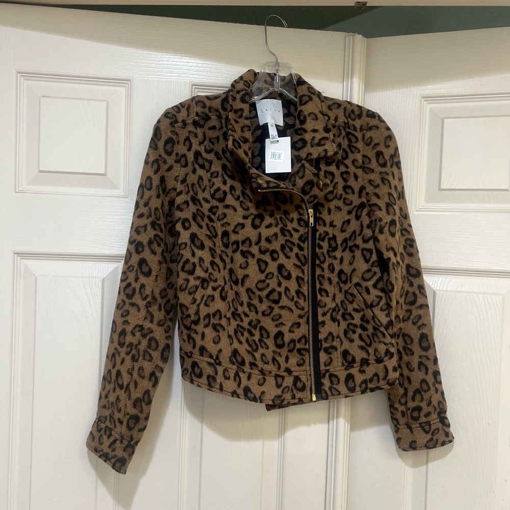 New Leith Jacket Womens xS Brown Leopard Print Moto Asymmetrical Zip Cropped